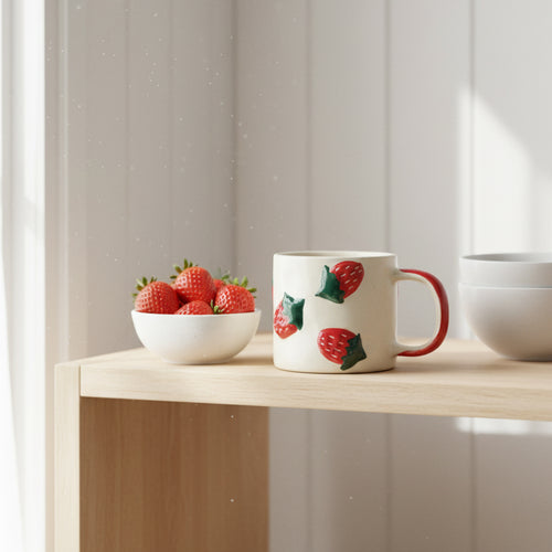 3d Strawberry Ceramic Tea/Coffee Mug | Gift for Brother, Birthday, Rakhi Red-Green, 300ML
