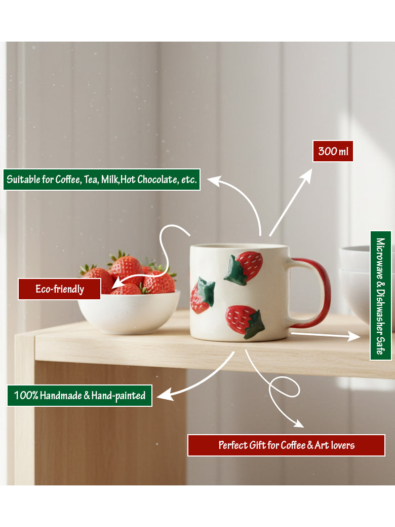 3d Strawberry Ceramic Tea/Coffee Mug | Gift for Brother, Birthday, Rakhi Red-Green, 300ML